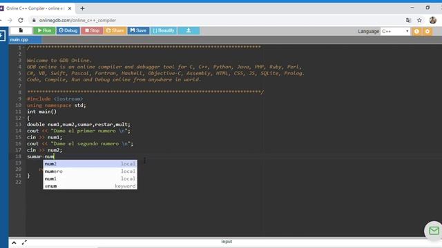 Uso de operadores (sumar, restar y multiplicar 2 numero) DevC++ смотреть онлайн