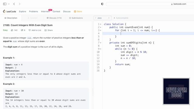 Leetcode | 2180. Count Integers with Even Digit Sum | Easy | Java Solution смотреть онлайн