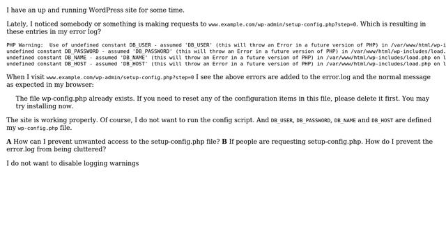 Wordpress: Error log cluttered with undefined DB_USER wp-admin/setup-config.php смотреть онлайн