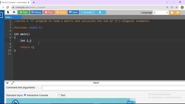 Write a ‘C’ program to read a matrix and calculate the sum of it’s diagonal elements.| C programmin смотреть онлайн