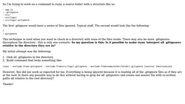 Rsync folder while --exclude-from'ing .gitignore files at different depths смотреть онлайн