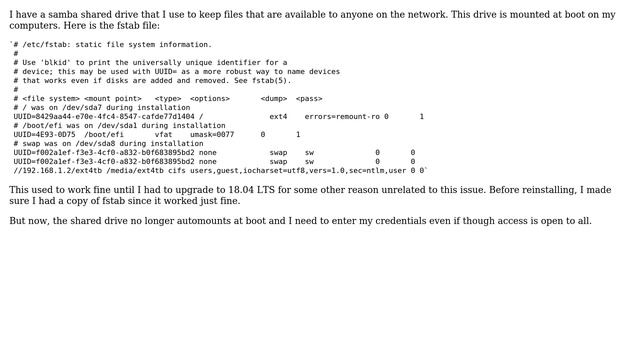 Ubuntu: Samba no longer mounts at boot смотреть онлайн