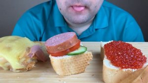 ASMR HOMEMADE RUSSIAN SAUSAGE SANDWICHES WITH CHEESE & SALMON RED CAVIAR MUKBANG (EATING SOUNDS)