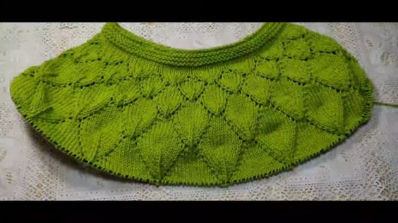 Пуловер спицами с круглой кокеткой узором ЛИСТЬЯ . 2 часть. смотреть онлайн