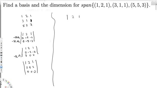 Find a basis and the dimension for span {(1,2,1), (3,1,1), (5,5,3)} смотреть онлайн