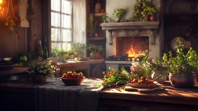 Spring Kitchen Ambience 🍓   Cozy Fireplace & Morning Ambience   CottageCore Ambience