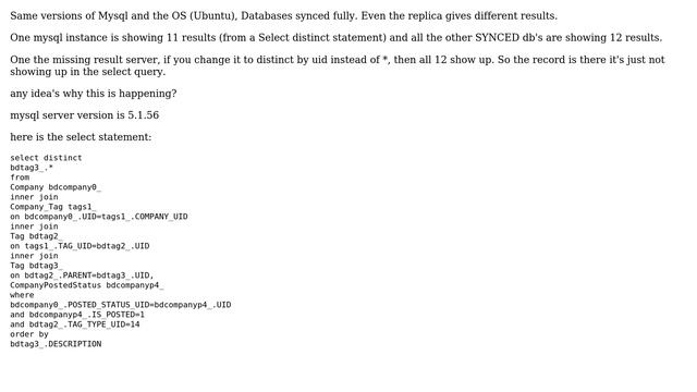 MYSQL - 'Select distinct' - different results on two exact versions of Mysql, databases synced смотреть онлайн