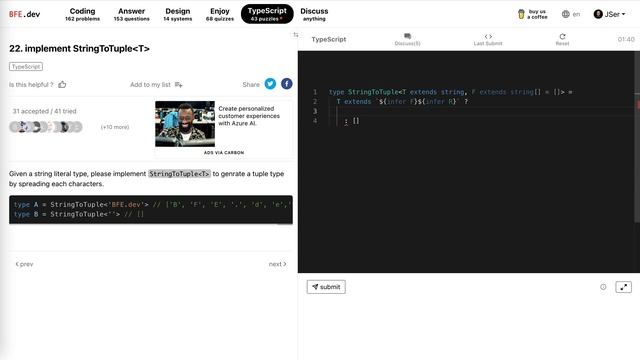 BFE.dev TS puzzle#22 StringToTuple | JSer - TypeScript is cool! смотреть онлайн