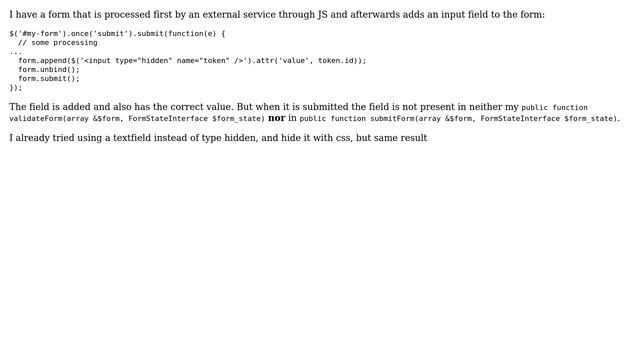 Drupal: Input field not submitted in form when added through JS смотреть онлайн