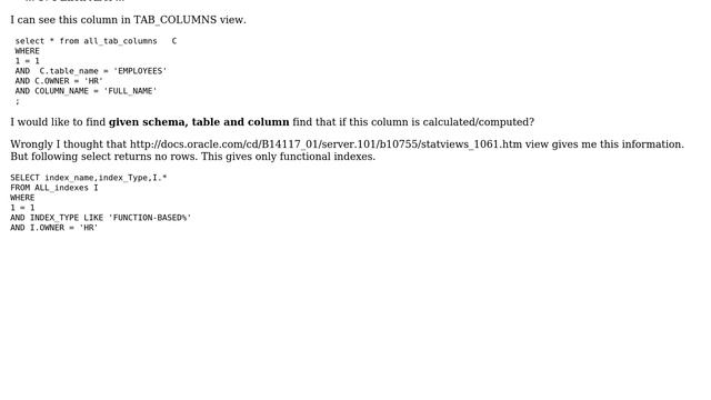 Databases: How to find oracle calculated/computed column list using data dictionary views? смотреть онлайн