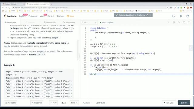 【每日一题】1639. Number of Ways to Form a Target String Given a Dictionary, 11/2/2020 смотреть онлайн