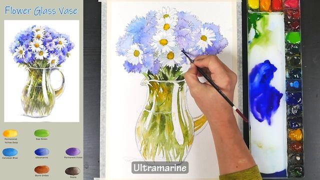 Still Life Watercolor - Flower Glass Vase (sketch & color name, watercolor material) NAMIL ART смотреть онлайн