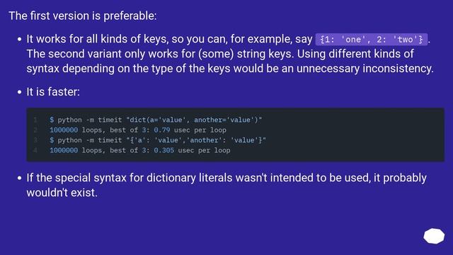What is the preferred syntax for initializing a dict: curly brace literals {} or the dict() functio смотреть онлайн