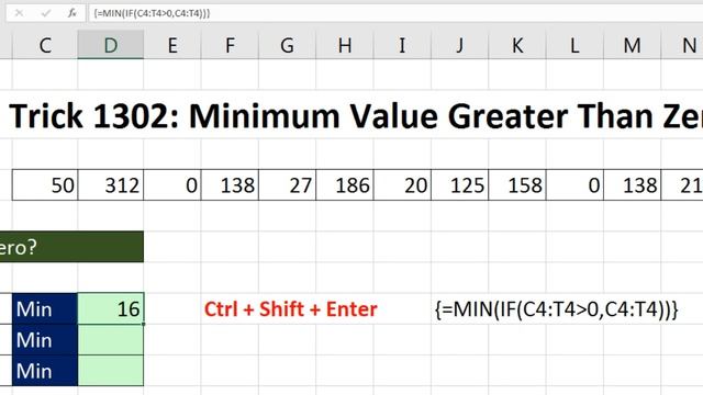 Excel Magic Trick 1303: Minimum Value Greater Than Zero (3 Examples) смотреть онлайн