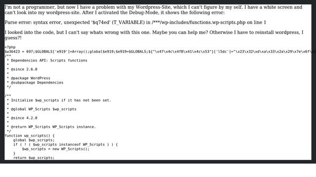 Wordpress: Parse error: syntax error, unexpected '$q74ed' (T_VARIABLE) смотреть онлайн
