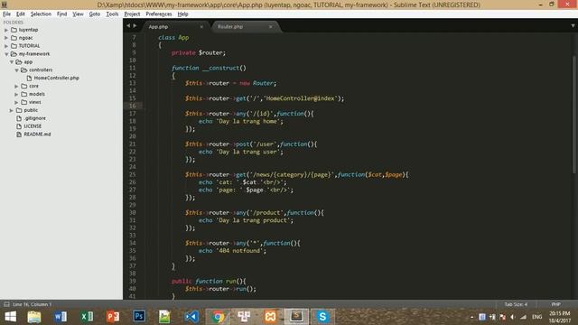 Hướng dẫn tự viết framework PHP - Bài 7: Gọi controller từ router, hiểu cơ bản về namespace смотреть онлайн