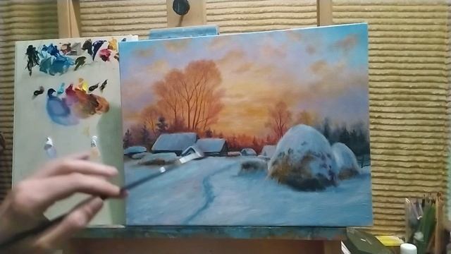 Пишем зимний пейзаж на закате|много нюансов|как рисовать зимний пейзаж #живопись #art #уроки смотреть онлайн