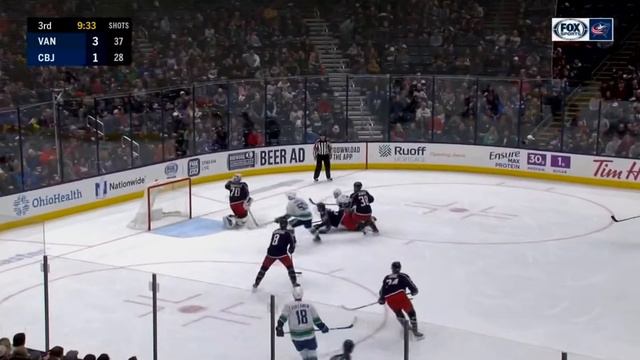 Columbus Blue Jacket Joonas Korpisalo Staying Down when Puck up close, below H mark and top of смотреть онлайн
