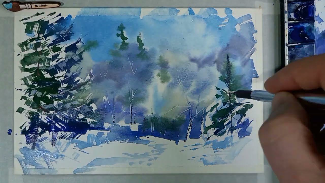 Морозный день, просто и быстро рисуем снег и зимние деревья акварелью смотреть онлайн