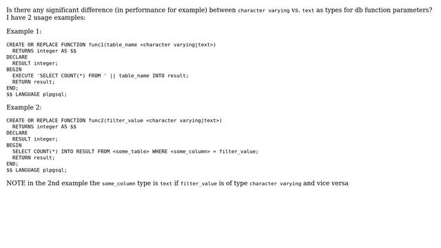 Databases: character varying vs. text as function parameter types in PostgreSQL смотреть онлайн