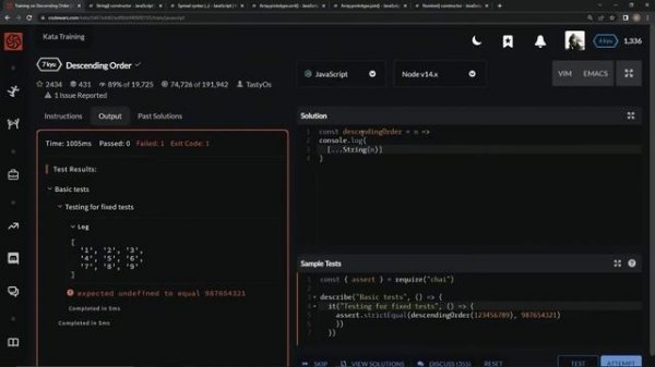 Codewars 7 kyu Descending Order Javascript