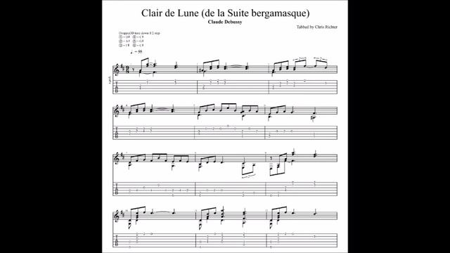 Claude Debussy: Clair de Lune with tablature/sheet music for solo fingerstyle guitar смотреть онлайн
