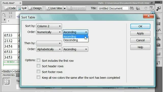 Таблицы в Dreamweaver- сортировка данных в ячейке смотреть онлайн
