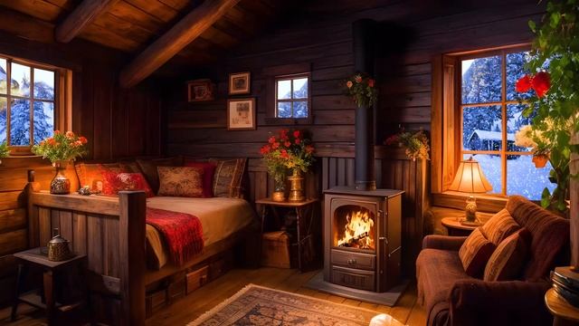 Winter Cozy Cabin in Snow Mountain丨Crackling Firewood Burning & Howling Cold Wind Sounds for Sleep смотреть онлайн