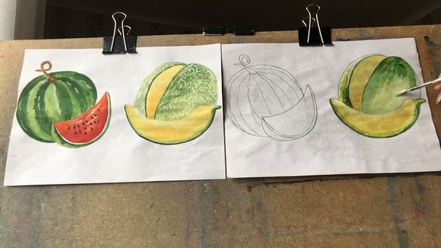 Здравствуйте. Тема «Арбуз и дыня в разрезе» от 18.02.21 акварель, гуашь смотреть онлайн