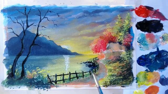 sunrise over the mountain landscape painting using acrylic paint/jlim art смотреть онлайн