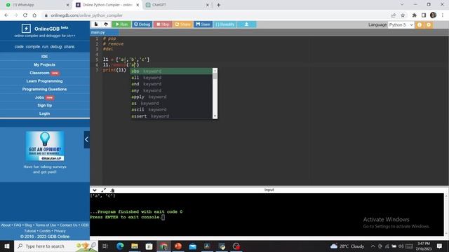 Deleting operations in python List - pop(), remove, del in kannada смотреть онлайн