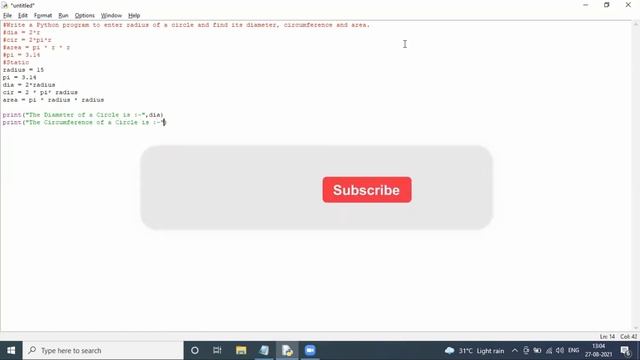 Basic 5 Write a Python program to enter radius of a circle & find its diameter circumference & area смотреть онлайн