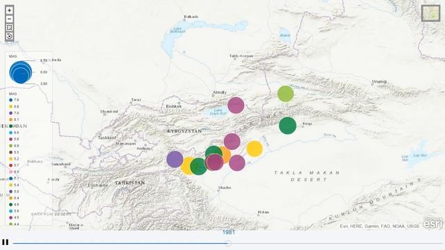 Визуализация данных о землетрясениях в зоне Алматы с 1902 по 2019 годы. смотреть онлайн