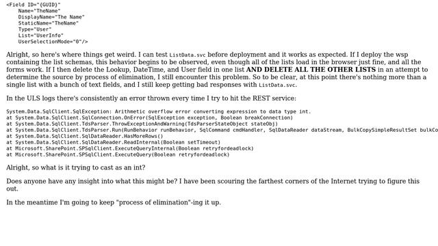 Sharepoint: ListData.svc Returns 500 Internal Server Error - "Arithmetic overflow error..." смотреть онлайн