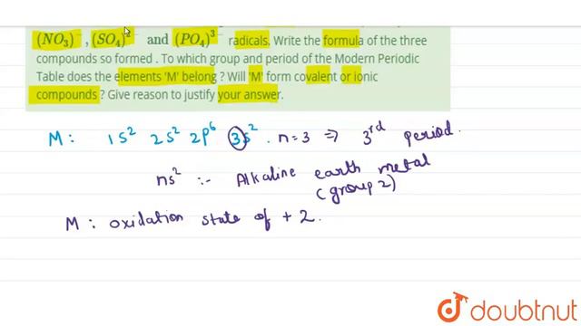 An element \'M\' with electronic configuration (2,8,2) combines separately with (NO_(3))^(-),(SO... смотреть онлайн