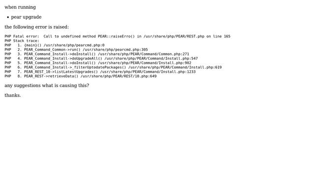 Call to undefined method PEAR::raiseErro() in /usr/share/php/PEAR/REST.php on line 165 смотреть онлайн
