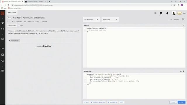 Codewars 8 kyu Grasshopper - Terminal Game Combat Function JavaScript смотреть онлайн