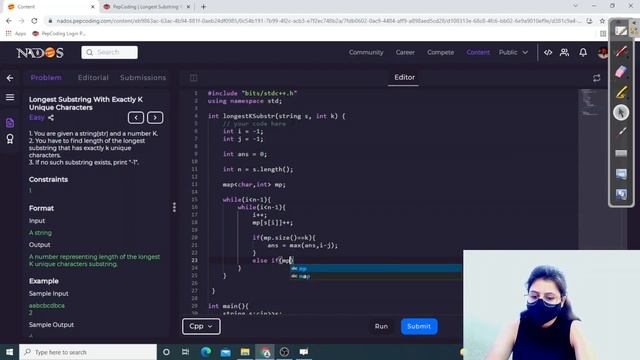 Longest Substring With Exactly K Unique Characters Module HashMap & Heap In English CPP Video 12 смотреть онлайн