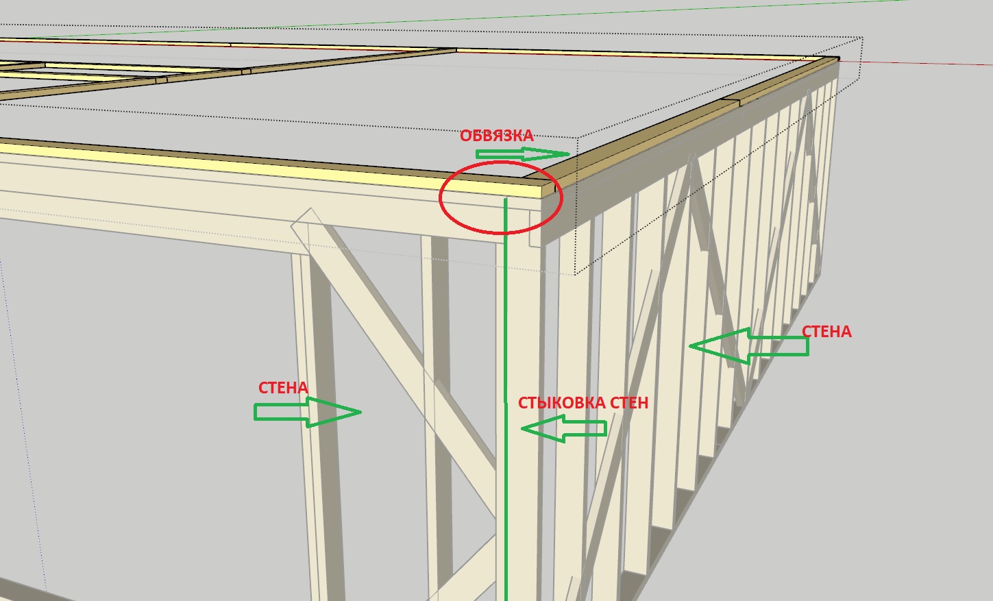Обвязка стен первого этажа Sketchup Binding The Walls Of The First Floor Of A Frame House