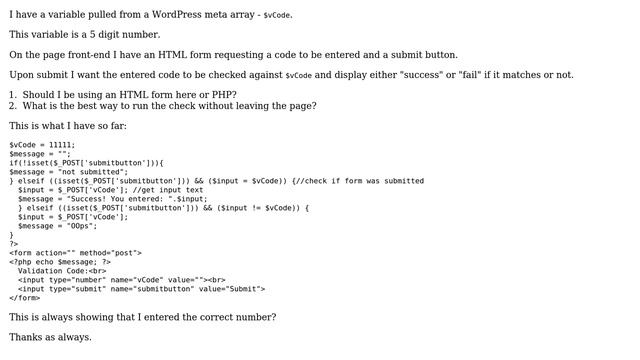 Wordpress: How to check form input against PHP variable? смотреть онлайн