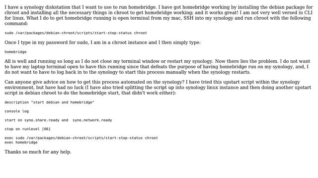 How to upstart Debian Chroot on Synology to run Homebridge? смотреть онлайн