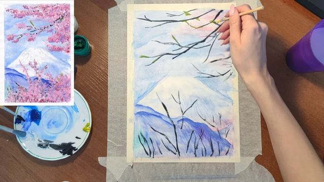 Как легко нарисовать нежную сакуру. Рисуем пейзаж с цветущей сакурой гуашью поэтапно. смотреть онлайн