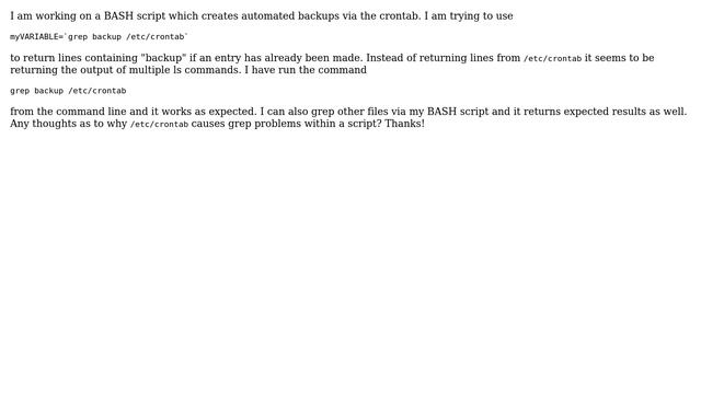 Unix & Linux: grep searchstring /etc/crontab strange behavior in BASH script смотреть онлайн