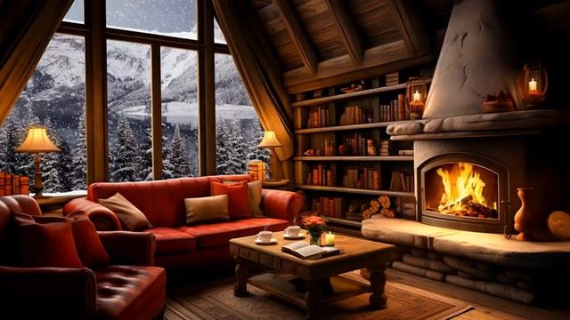 Cozy Reading Nook Ambience ❄️ Slow Jazz Music With Blizzard Sounds & Crackling Fireplace, Asmr Slee