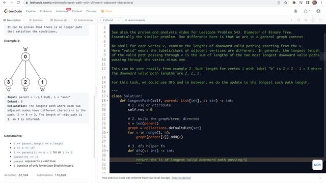 leetcode 2246. Longest Path With Different Adjacent Characters - recursion смотреть онлайн