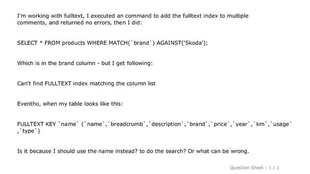 MySQL : Can't find FULLTEXT index matching the column list (indexes is set) смотреть онлайн