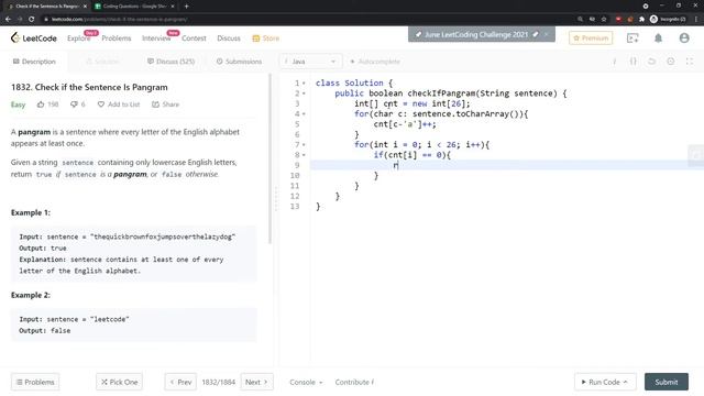 LeetCode 1832 | Check if the Sentence Is Pangram | Counting Array | Java смотреть онлайн