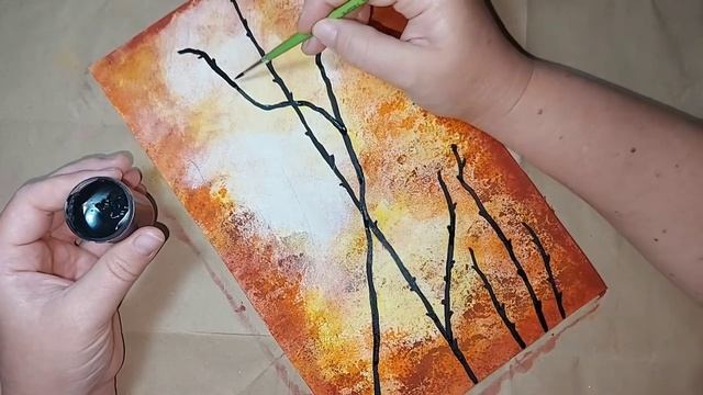 Птицы на ветке акрилом. Рисунок фольгой и поролоном. смотреть онлайн