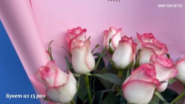 Букет из 15 роз купить в Алматы: белые розы с розовой каемкой смотреть онлайн